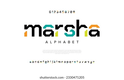 Marsha abstract digital technology logo font alphabet. Minimal modern urban fonts for logo, brand etc. Typography typeface uppercase lowercase and number. vector illustration