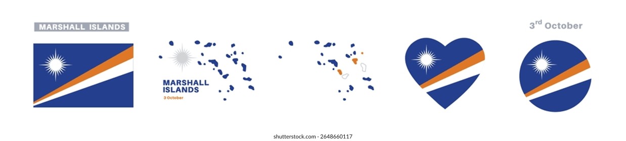 marshall island flag and map set. marshall island flag in official colors and proportions. independence day 3 october , map, circle and heart shaped marshall island