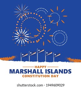 Marshall Islands constitution day celebration greeting card. Pacific Ocean nation important day vector illustration with flags and fireworks.