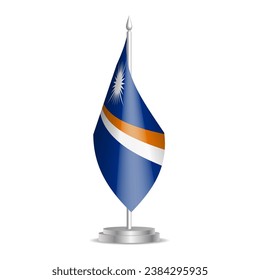 Marshall Islands flag - 3D mini flag hanging on desktop flagpole. Usable for summit or conference presentaiton. Vector illustration with shading.
