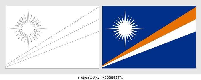 Marshall Islands flag - coloring page. Set of white wireframe thin black outline flag and original colored flag.