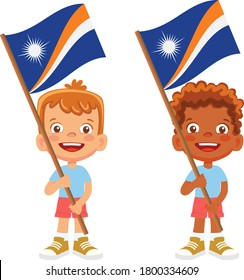 Marshall Islands flag in hand. Children holding flag. National flag of Marshall Islands vector