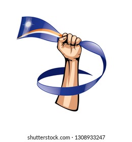 Marshall Islands flag and hand on white background. Vector illustration