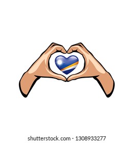 Marshall Islands flag and hand on white background. Vector illustration