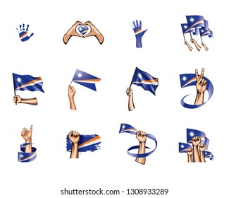 Marshall Islands flag and hand on white background. Vector illustration