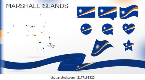 Marshall Islands flags set. Various designs. Map and capital city. World flags. Vector set. Circle icon. Template for independence day. Collection of national symbols. Ribbon flag. Oceania