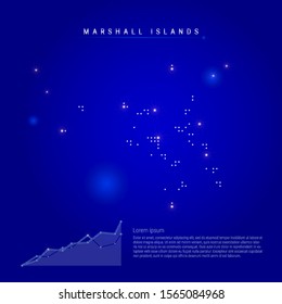 Marshall Islands illuminated map with glowing dots. Infographics elements. Dark blue space background. Vector illustration. Growing chart, lorem ipsum text.