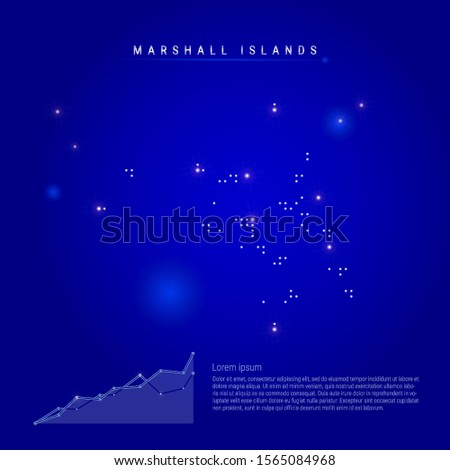 Marshall Islands illuminated map with glowing dots. Infographics elements. Dark blue space background. Vector illustration. Growing chart, lorem ipsum text.
