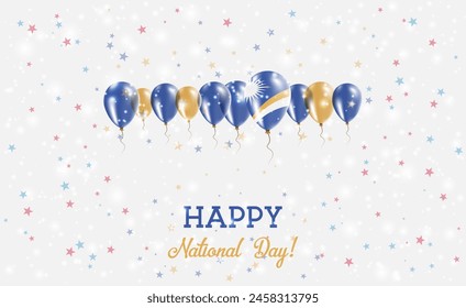 Marshall Islands Independence Day Sparkling Patriotic Poster. Row of Balloons in Colors of the Marshallese Flag. Greeting Card with National Flags, Confetti and Stars.