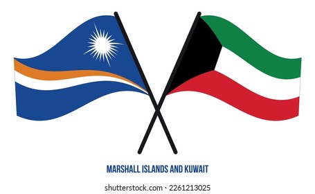 Marshall Islands and Kuwait Flags Crossed  Waving Flat Style. Official Proportion. Correct Colors.