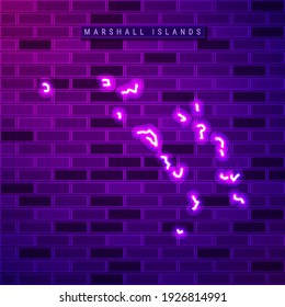 Marshall Islands map glowing neon lamp sign. Realistic vector illustration. Country name plate. Purple brick wall, violet glow, metal holders.