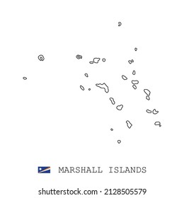Marshall Islands map line, linear thin vector simple outline and flag. Black on white background