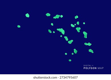 Mapa de las Islas Marshall - Vector de bajo polígono polivinílico, silueta triangulada geométrica en tonos verdes y azules, estilo moderno limpio, fondo aislado para uso infográfico.