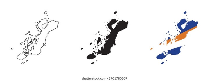 Marshall Islands map vector with editable country outline, black silhouette and national flag with blue, orange, and white diagonal stripes for geography, travel, education, and Pacific island