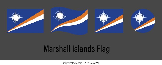 Marshall Islands National Flag Set Collection with Rectangle, Waving, Square and Circle Shapes Isolated on Black Background Vector Illustration