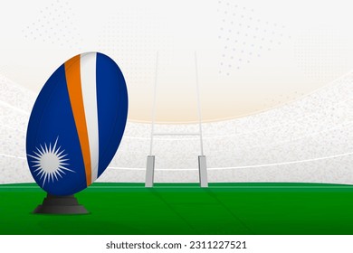 Marshall Islands national team rugby ball on rugby stadium and goal posts, preparing for a penalty or free kick. Vector illustration.