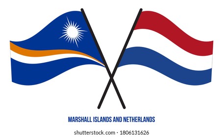 Marshall Islands and Netherlands Flags Crossed & Waving Flat Style. Official Proportion. Correct Colors.