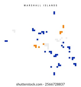 Marshall Islands pixel flag map icon. 8 bit pixel art Marshallese map covered with flag. Flat vector illustration isolated on white background.