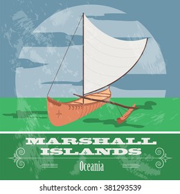 Marshall islands. Polynesian canoeing. Retro styled image. Vector illustration