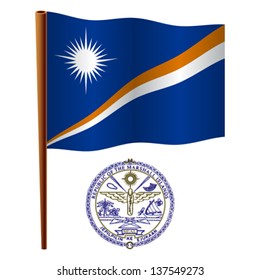 marshall islands wavy flag and coat of arm against white background, vector art illustration, image contains transparency