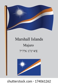 marshall islands wavy flag and coordinates against gray background, vector art illustration, image contains transparency