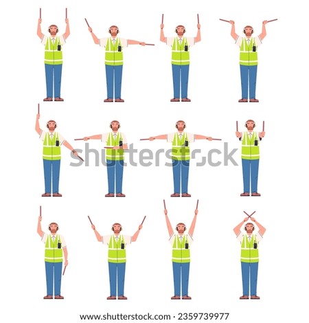 Marshaller signals. Aircraft marshalling hand signal safety landing airplane or helicopter, man signaler on runway airport traffic controller, vector illustration of occupation air crew professional