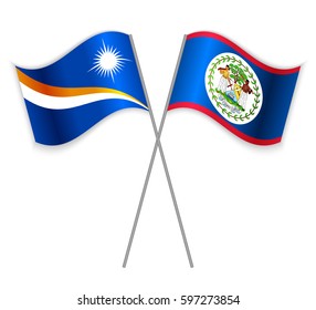 Marshallese and Belizean crossed flags. Marshall Islands combined with Belize isolated on white. Language learning, international business or travel concept.