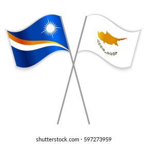 Marshallese and Cypriot crossed flags. Marshall Islands combined with Cyprus isolated on white. Language learning, international business or travel concept.