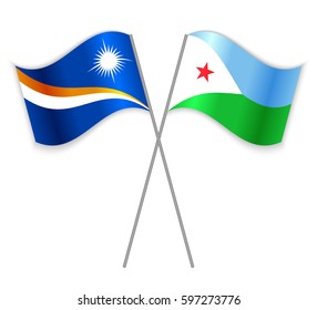 Marshallese and Djiboutian crossed flags. Marshall Islands combined with Djibouti isolated on white. Language learning, international business or travel concept.