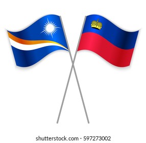 Marshallese and Liechtenstein crossed flags. Marshall Islands combined with Liechtenstein isolated on white. Language learning, international business or travel concept.