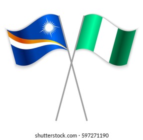 Marshallese and Nigerian crossed flags. Marshall Islands combined with Nigeria isolated on white. Language learning, international business or travel concept.