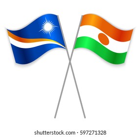 Marshallese and Nigerien crossed flags. Marshall Islands combined with Niger isolated on white. Language learning, international business or travel concept.