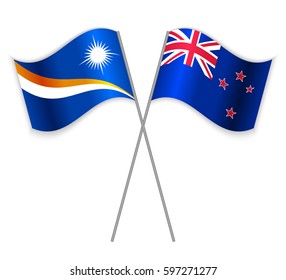 Marshallese and NZ crossed flags. Marshall Islands combined with New Zealand isolated on white. Language learning, international business or travel concept.