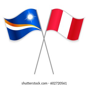 Marshallese and Peruvian crossed flags. Marshall Islands combined with Peru isolated on white. Language learning, international business or travel concept.