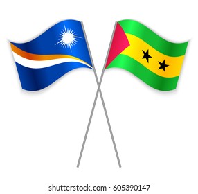 Marshallese and Sao Tomean crossed flags. Marshall Islands combined with Sao Tome and Principe isolated on white. Language learning, international business or travel concept.