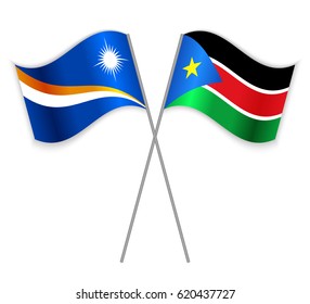 Marshallese and South Sudanese crossed flags. Marshall Islands combined with South Sudan isolated on white. Language learning, international business or travel concept.