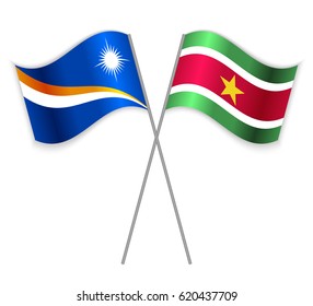Marshallese and Surinamese crossed flags. Marshall Islands combined with Suriname isolated on white. Language learning, international business or travel concept.
