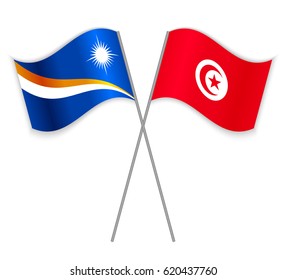 Marshallese and Tunisian crossed flags. Marshall Islands combined with Tunisia isolated on white. Language learning, international business or travel concept.