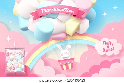 Marshmallow ad in 3d illustration with bunny flying in colorful marshmallow balloon with rainbow in sky