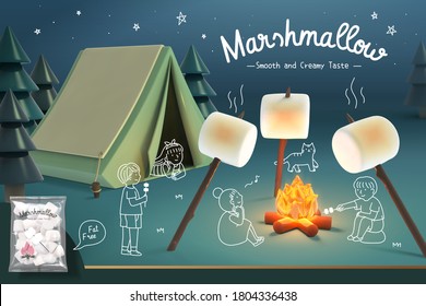Marshmallow advertisement banner in 3d illustration with kids roasting  marshmallows on bonfire outside tent on camping site.
