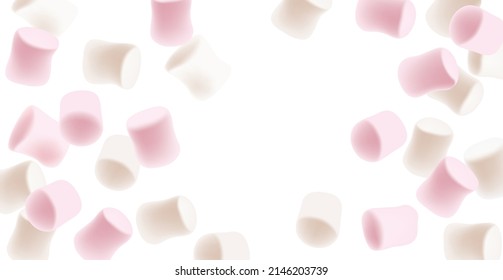 Marshmallow background with free space. Tasty white and pink marshmallows isolated on white background.