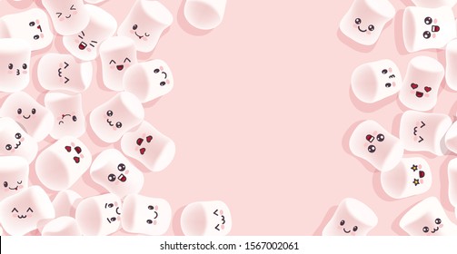 Marshmallow background. Marshmallows cartoon. Marshmallow emoji. Мarshmallows with cute faces on pink background. Candy texture.