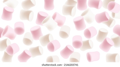 Marshmallow background. Tasty white and pink marshmallows isolated on white background.