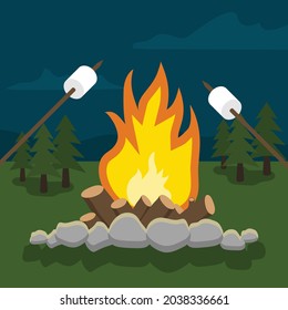 marshmallow, bonefire or campfire in the forest background, vector illustration