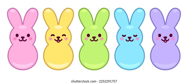 Marshmallow bunnies set, cute rabbit shaped Easter candy. Kawaii cartoon vector illustration.