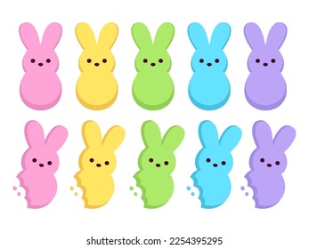 Marshmallow bunnies set, cute rabbit shaped Easter candy. Simple cartoon vector illustration.