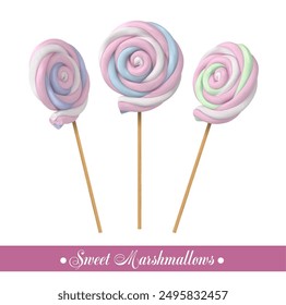 marshmallow candies on a stick on a white background. Vector illustration