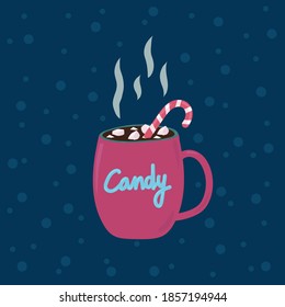 Marshmallow with Candy in a Cup of chocolate. White and Pink Christmas candy Lollipop cane. A handful of marshmallows in a mug of hot dark cocoa. Cartoon inscription on the Candy mug. Beautiful warm