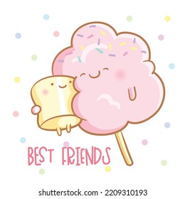 Marshmallow and candy floss cute vector illustration. Kawaii characters for print, sticker, badge and postcard. Text: Best Friends.