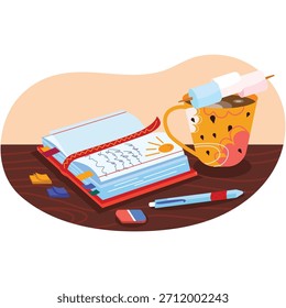 Caramelo de malvavisco en la taza de café en el Vector de mesa Escena de lugar de trabajo con cuaderno abierto, accesorio de escritura como pluma, goma, ilustración de papel de nota de etiqueta engomada de color. Espacio creativo